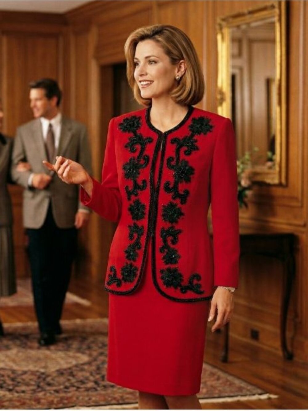 John Meyer Womens 12 Skirt Suit Red Wool Beaded Floral Archival Statement Gothic